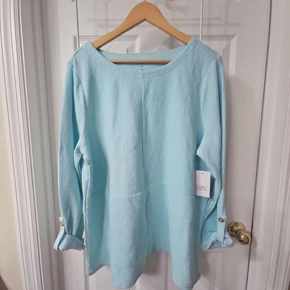 Croft & Barrow Light Blue Ribbed Long Sleeve Tunic Top w/ Button Cuff Details XL